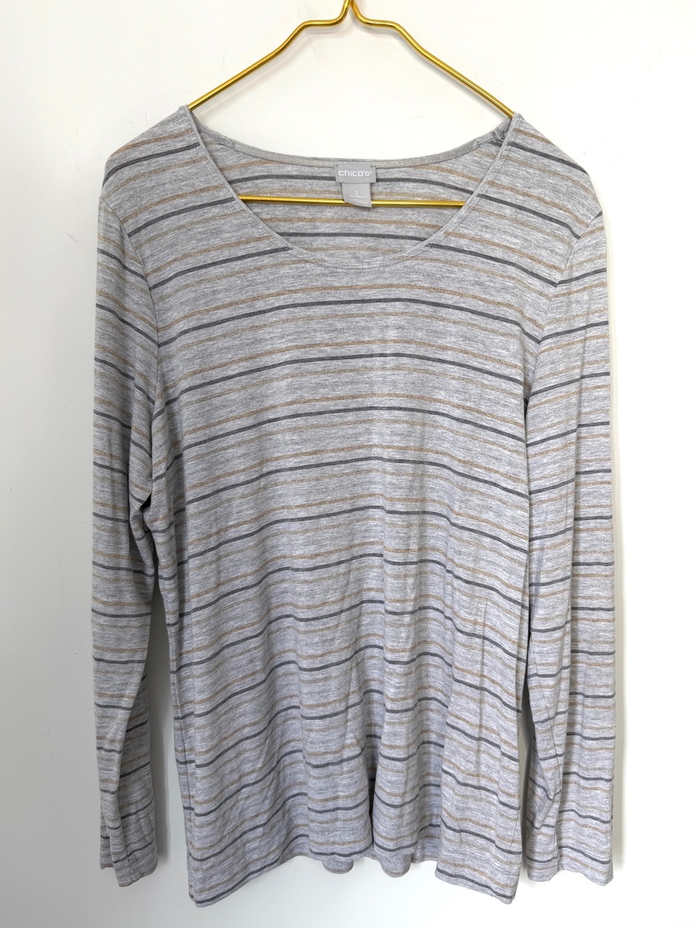 Chico’s Gray Lurex Striped Touch of Cool Long Sleeve Tee T-Shirt Sz 2 (US Large)